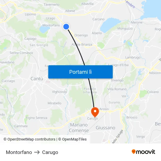 Montorfano to Carugo map