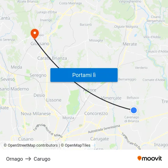 Ornago to Carugo map