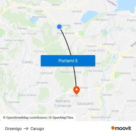 Orsenigo to Carugo map
