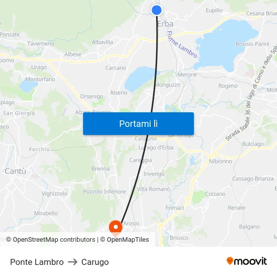 Ponte Lambro to Carugo map