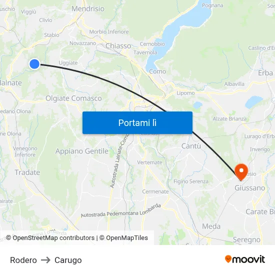Rodero to Carugo map