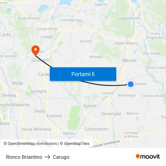 Ronco Briantino to Carugo map