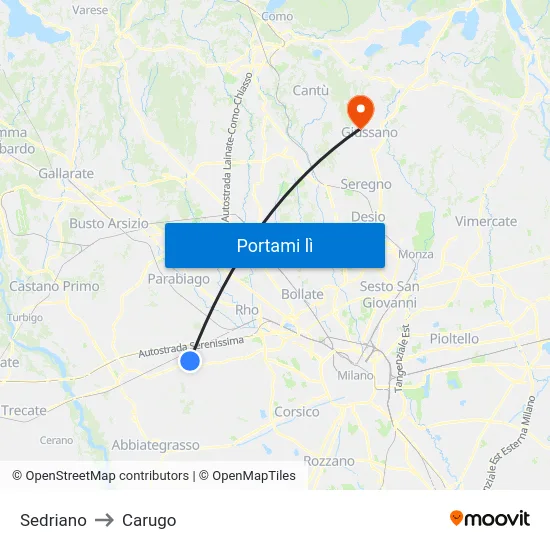 Sedriano to Carugo map