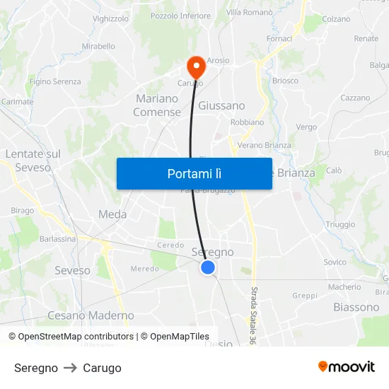 Seregno to Carugo map