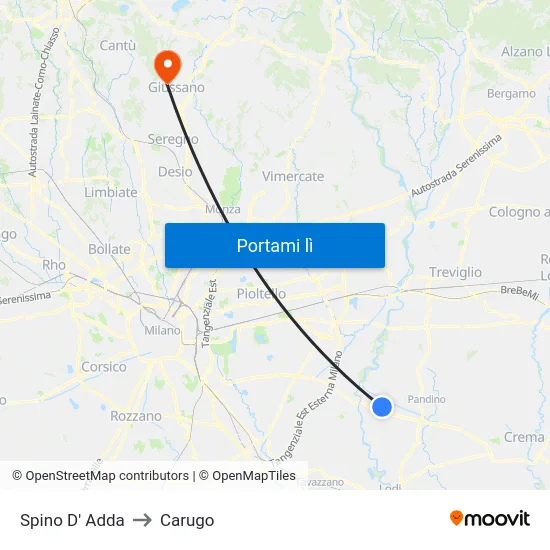 Spino D' Adda to Carugo map