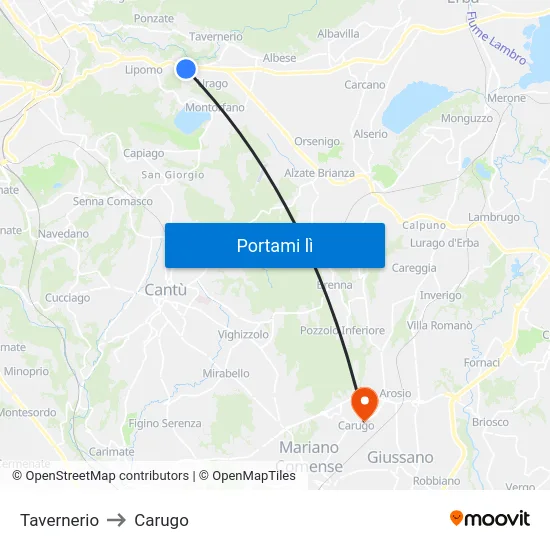 Tavernerio to Carugo map