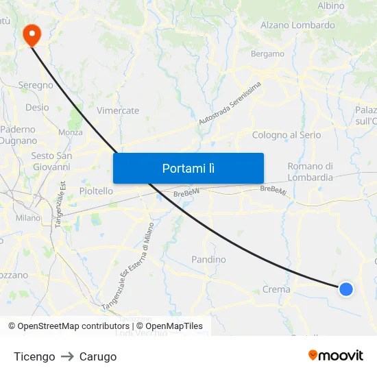 Ticengo to Carugo map