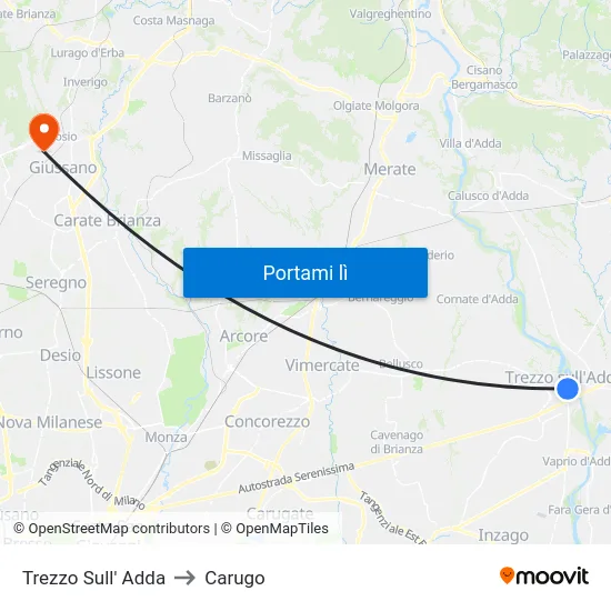 Trezzo Sull' Adda to Carugo map