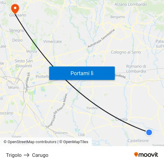 Trigolo to Carugo map