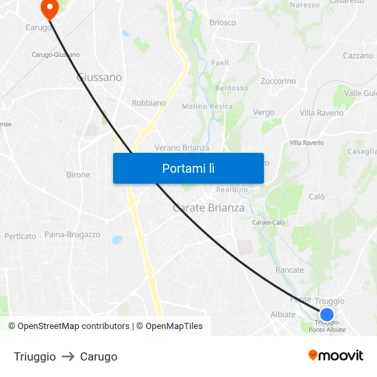 Triuggio to Carugo map