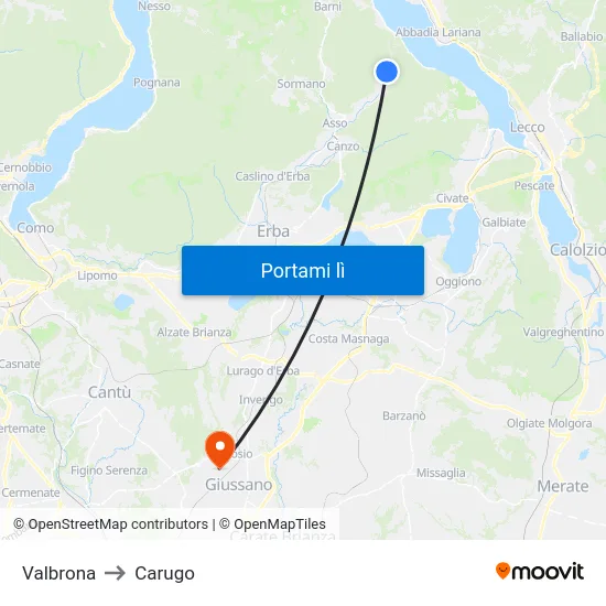 Valbrona to Carugo map