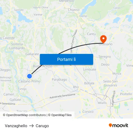 Vanzaghello to Carugo map