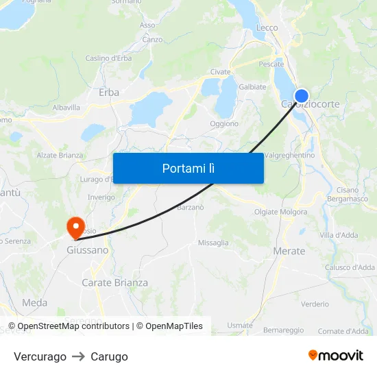 Vercurago to Carugo map