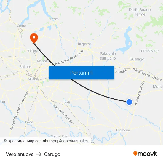 Verolanuova to Carugo map