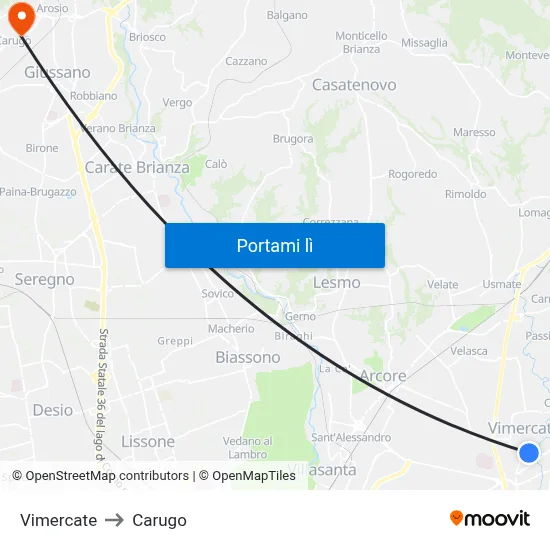 Vimercate to Carugo map