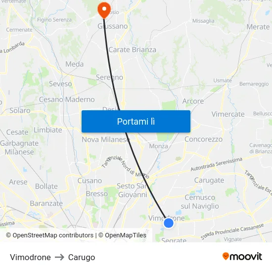 Vimodrone to Carugo map