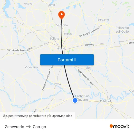 Zenevredo to Carugo map