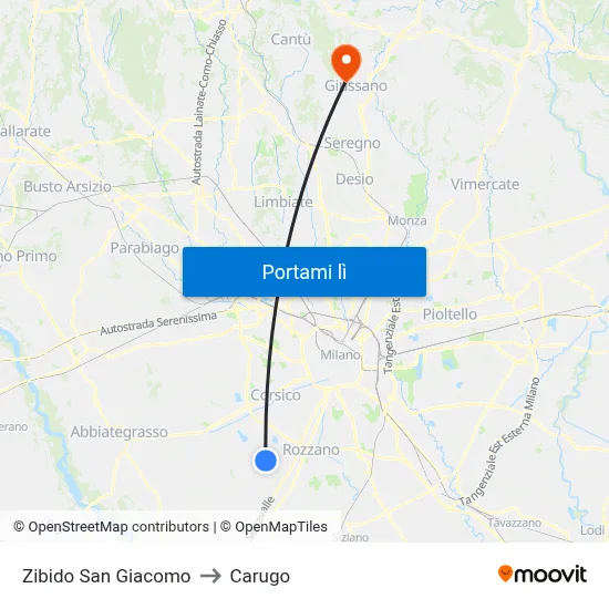 Zibido San Giacomo to Carugo map