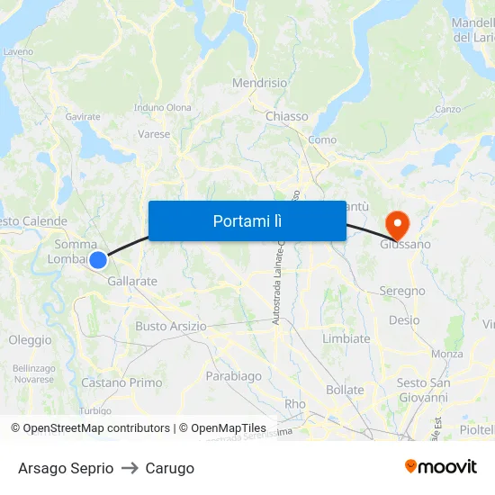 Arsago Seprio to Carugo map