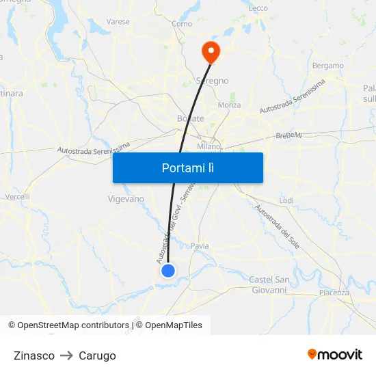 Zinasco to Carugo map