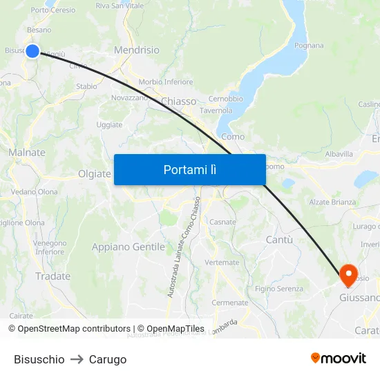 Bisuschio to Carugo map