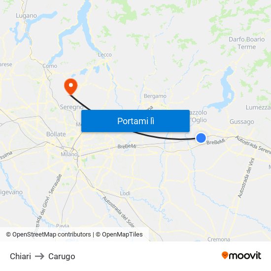 Chiari to Carugo map