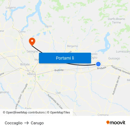 Coccaglio to Carugo map