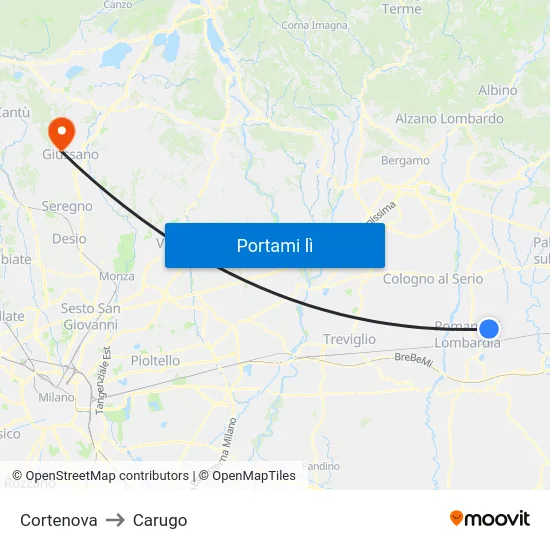 Cortenova to Carugo map