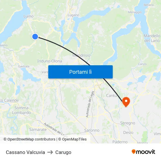 Cassano Valcuvia to Carugo map