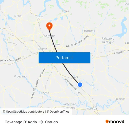 Cavenago D' Adda to Carugo map
