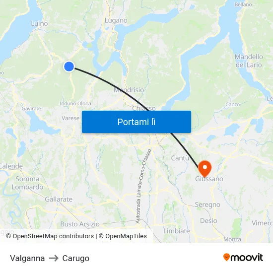 Valganna to Carugo map