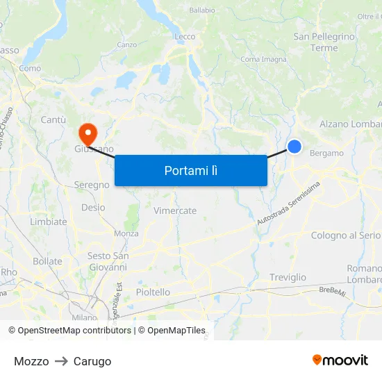 Mozzo to Carugo map