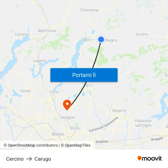 Cercino to Carugo map