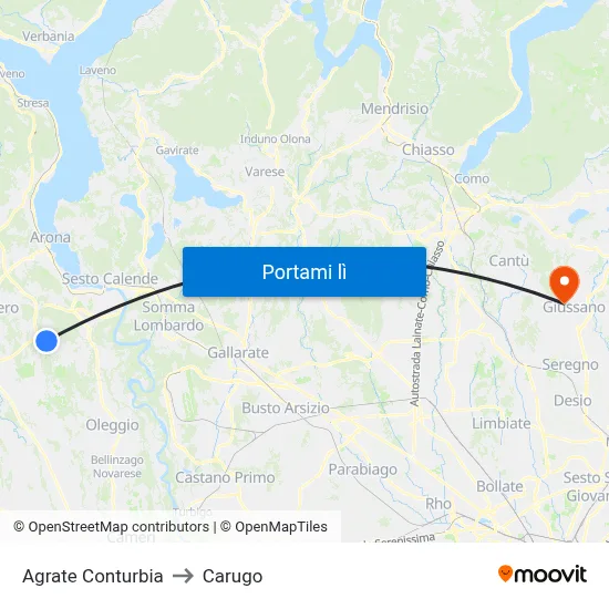 Agrate Conturbia to Carugo map