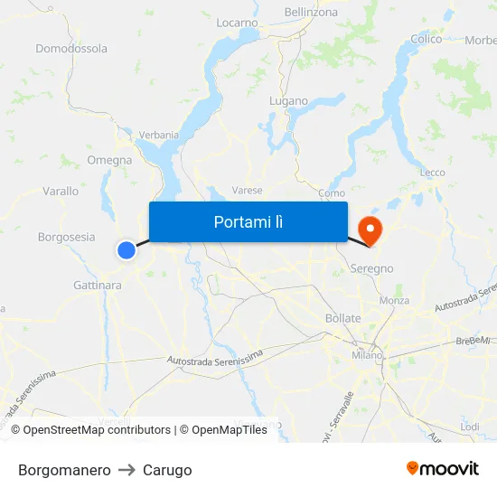 Borgomanero to Carugo map