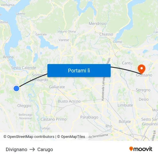 Divignano to Carugo map