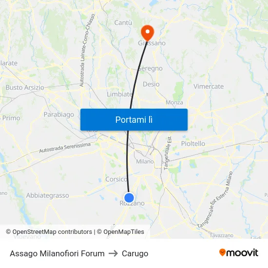 Assago Milanofiori Forum to Carugo map