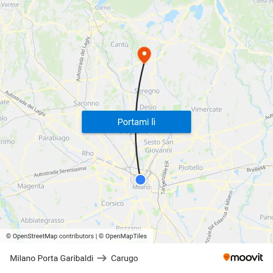 Milano Porta Garibaldi to Carugo map