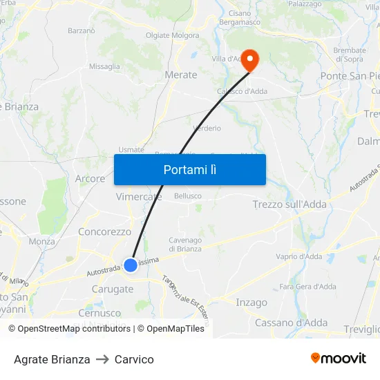 Agrate Brianza to Carvico map