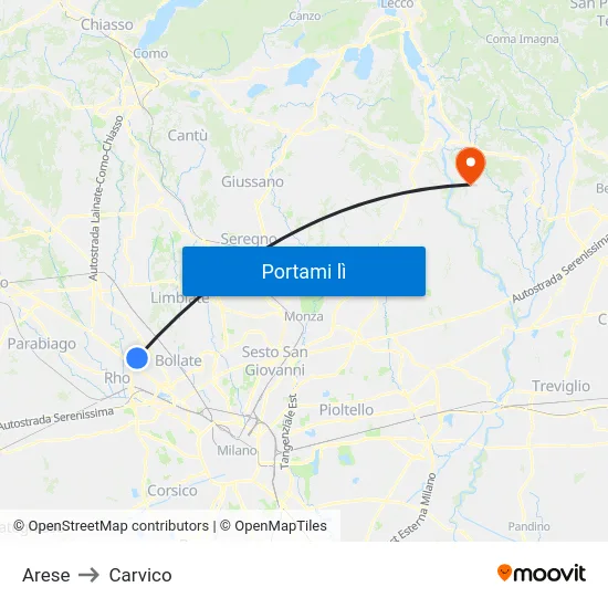 Arese to Carvico map