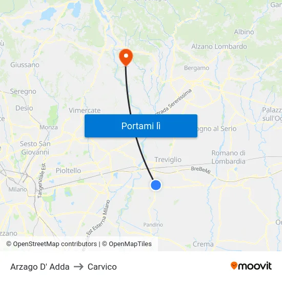Arzago D' Adda to Carvico map