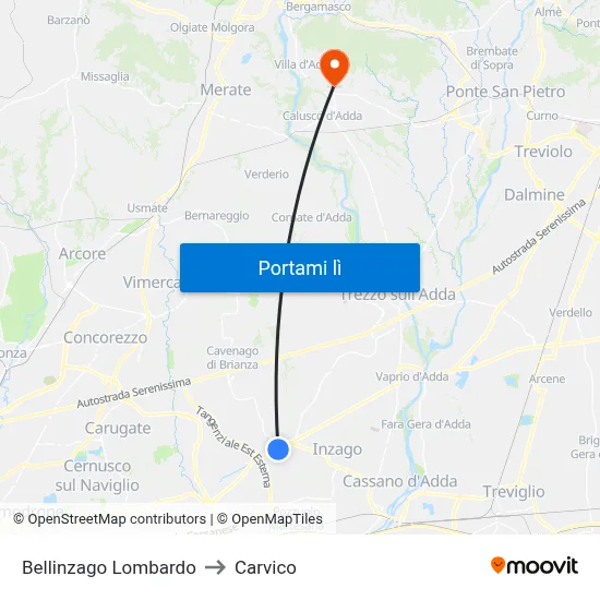 Bellinzago Lombardo to Carvico map