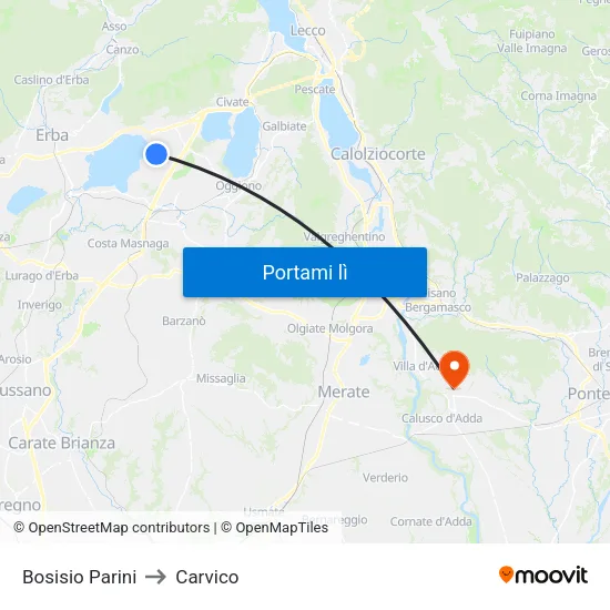 Bosisio Parini to Carvico map