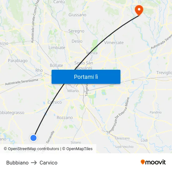 Bubbiano to Carvico map