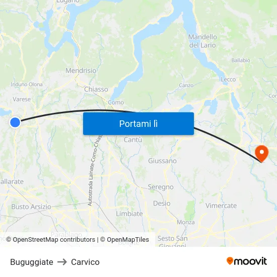Buguggiate to Carvico map