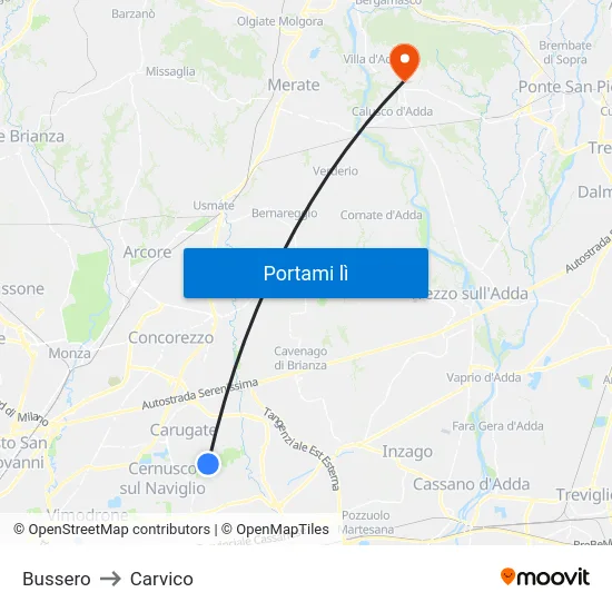 Bussero to Carvico map