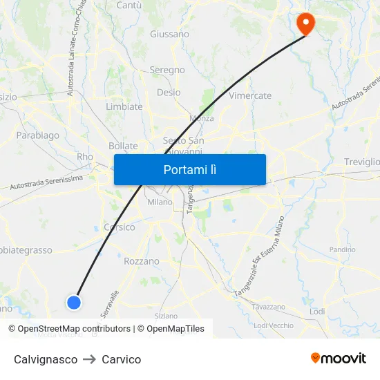 Calvignasco to Carvico map