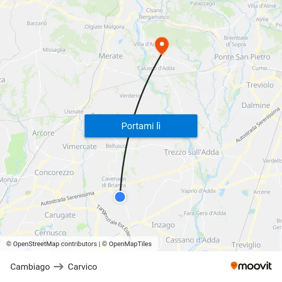 Cambiago to Carvico map