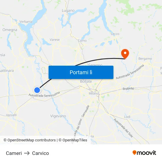 Cameri to Carvico map