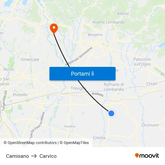Camisano to Carvico map